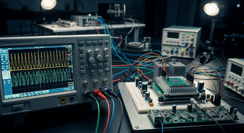 Lab bench with oscilloscope and test board
